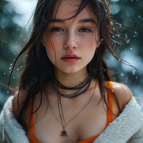 A cute girl, fair skin, big brown eyes, shallow dimples, winter clothes, background light spots, fantasy, snow scene, front side light, large aperture, green-orange tone, half body