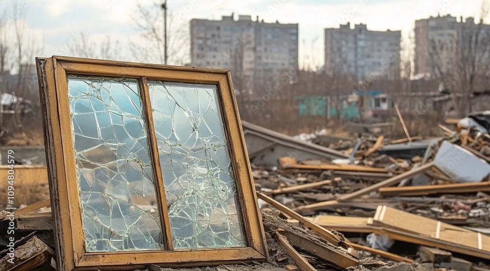 Obraz premium Photo of a broken window frame and shattered glass in the foreground
