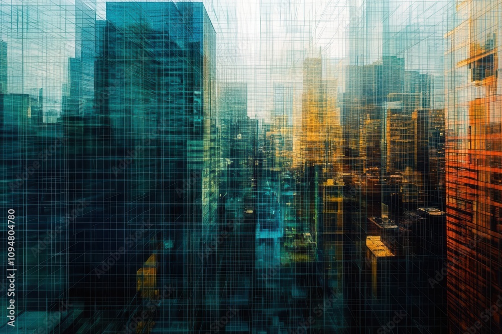 Architectural grid overlay on a cityscape, bold design concept for urban planning or futuristic development themes Architectural grid overlay on a cityscape, bold design concept for urban planning or futuristic development themes