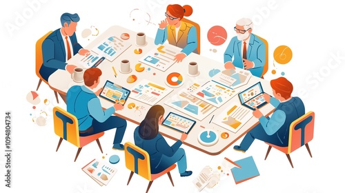 Business Team Analyzing Data: Cartoon-Style Illustration of Professionals Collaborating Around a Table with Tablets, Documents, and Coffee Cups in a High-Quality, Top-Down View