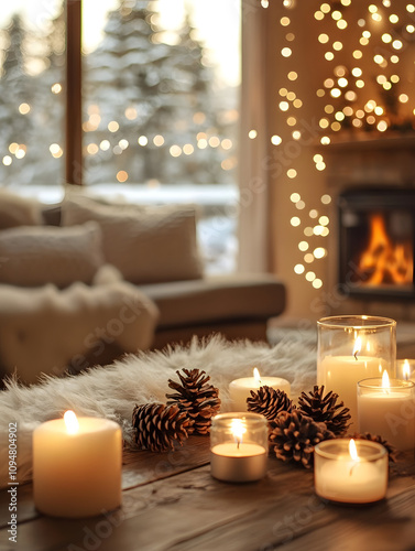 winter festive festival Christmas snow celebration cozy warm home living room indoor wooden table lit candles snowy landscape peaceful atmosphere fireplace