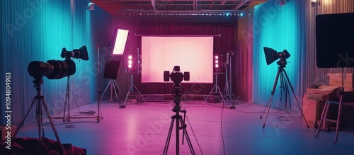 A Film Set with Cameras, Lighting, and a Screen