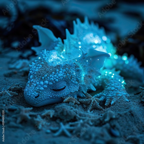 translucent, bioluminescent, flashing, surrealism, a cute little white dragon sleeps on the beach at night, wearing scales made of glowing starfish