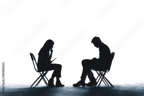 Silhouettes of two people in deep conversation, symbolizing communication and connection. photo