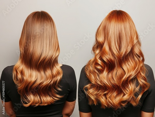 Stunning hair transformation featuring sleek, straight and wavy styles, showcasing vibrant auburn hues and healthy shine.