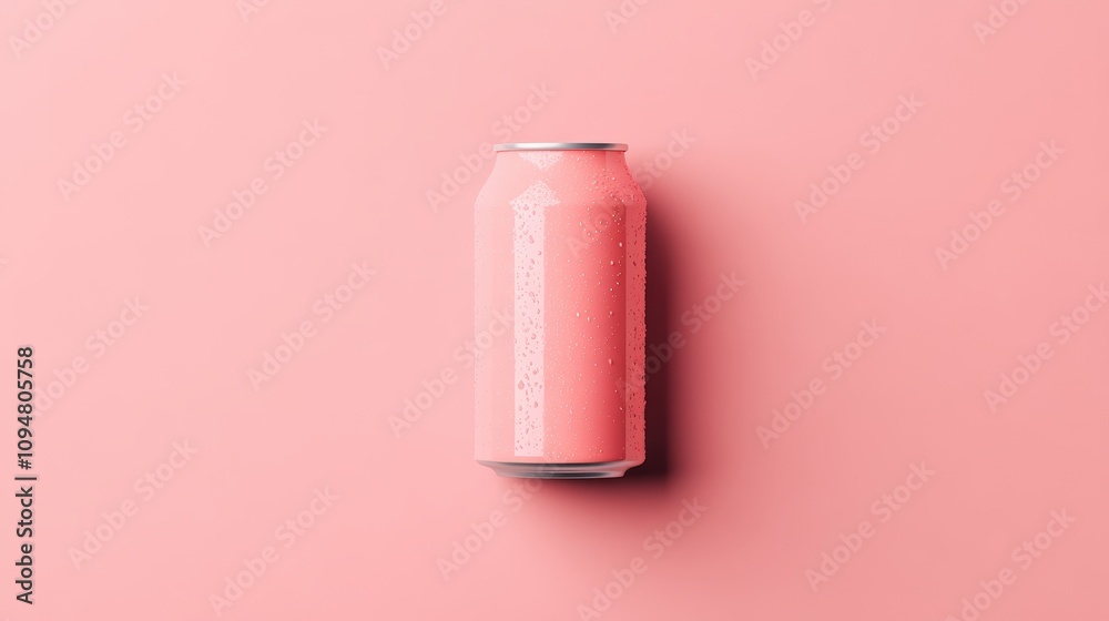 A pink beverage can sits on a vibrant pink surface with droplets reflecting light A pink beverage can sits on a vibrant pink surface with droplets reflecting light