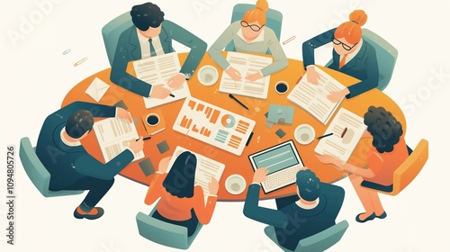 Business Team Analyzing Data: Cartoon-Style Illustration of Professionals Collaborating Around a Table with Tablets, Documents, and Coffee Cups in a High-Quality, Top-Down View