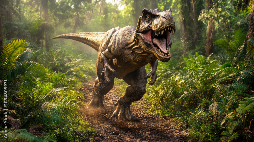 A large dinosaur moves swiftly through dense greenery in a prehistoric jungle, sunlight streaming through the trees in the early morning A large dinosaur moves swiftly through dense greenery in a prehistoric jungle, sunlight streaming through the trees in the early morning