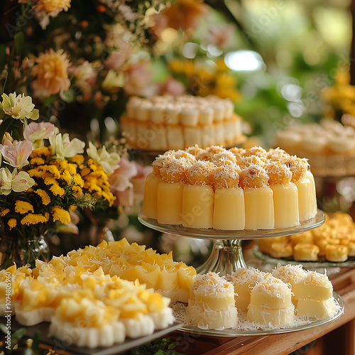 Beautifully arranged quindim desserts with vibrant flowers and greenery, showcasing delightful assortment of flavors and textures, perfect for any celebration photo