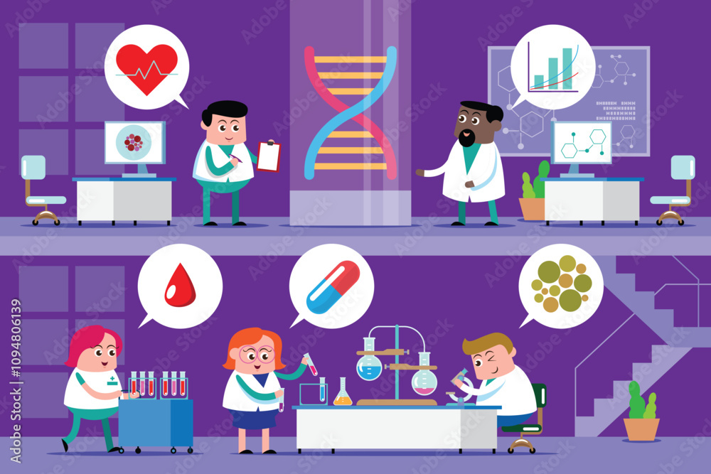 emotion cute vector, illustration flat cartoom character man and woman scientists doctor engineering medicine in laboratory reasearch new drugs in chemistry concept.