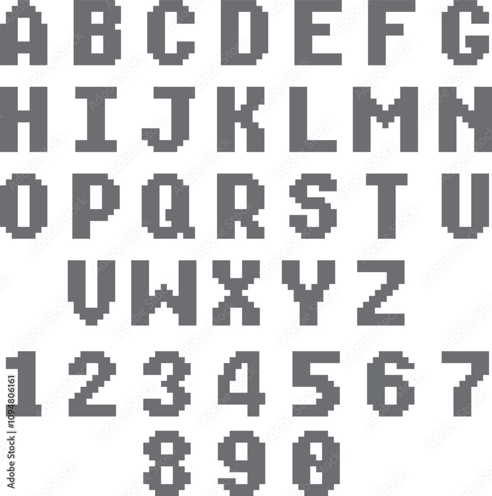 Retro pixel alphabet. Digital 8 bit game font Retro pixel alphabet. Digital 8 bit game font