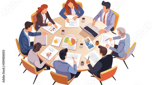 Business Team Analyzing Data: Cartoon-Style Illustration of Professionals Collaborating Around a Table with Tablets, Documents, and Coffee Cups in a High-Quality, Top-Down View