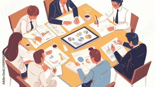 Business Team Analyzing Data: Cartoon-Style Illustration of Professionals Collaborating Around a Table with Tablets, Documents, and Coffee Cups in a High-Quality, Top-Down View