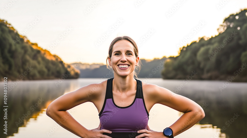 Happy healthy woman in sportwear near river in the morning . Happy healthy woman in sportwear near river in the morning .