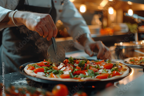 Generative AI Image of Professional Chef Preparing a Gourmet Dish in Restaurant Kitchen photo