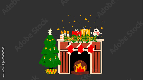 Christmas fireplace with New Year decor- socks, gifts, Christmas tree, and decorations. Scandinavian style, cozy warm hearth. Winter cartoon fireplace with burning fire