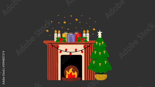 Christmas fireplace with New Year decor- socks, gifts, Christmas tree, and decorations. Scandinavian style, cozy warm hearth. Winter cartoon fireplace with burning fire
