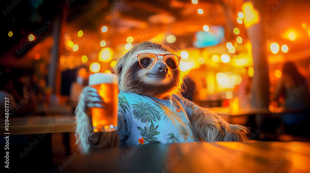 Cool happy sloth holding pint of beer at beach bar on vacation time . Cool happy sloth holding pint of beer at beach bar on vacation time .