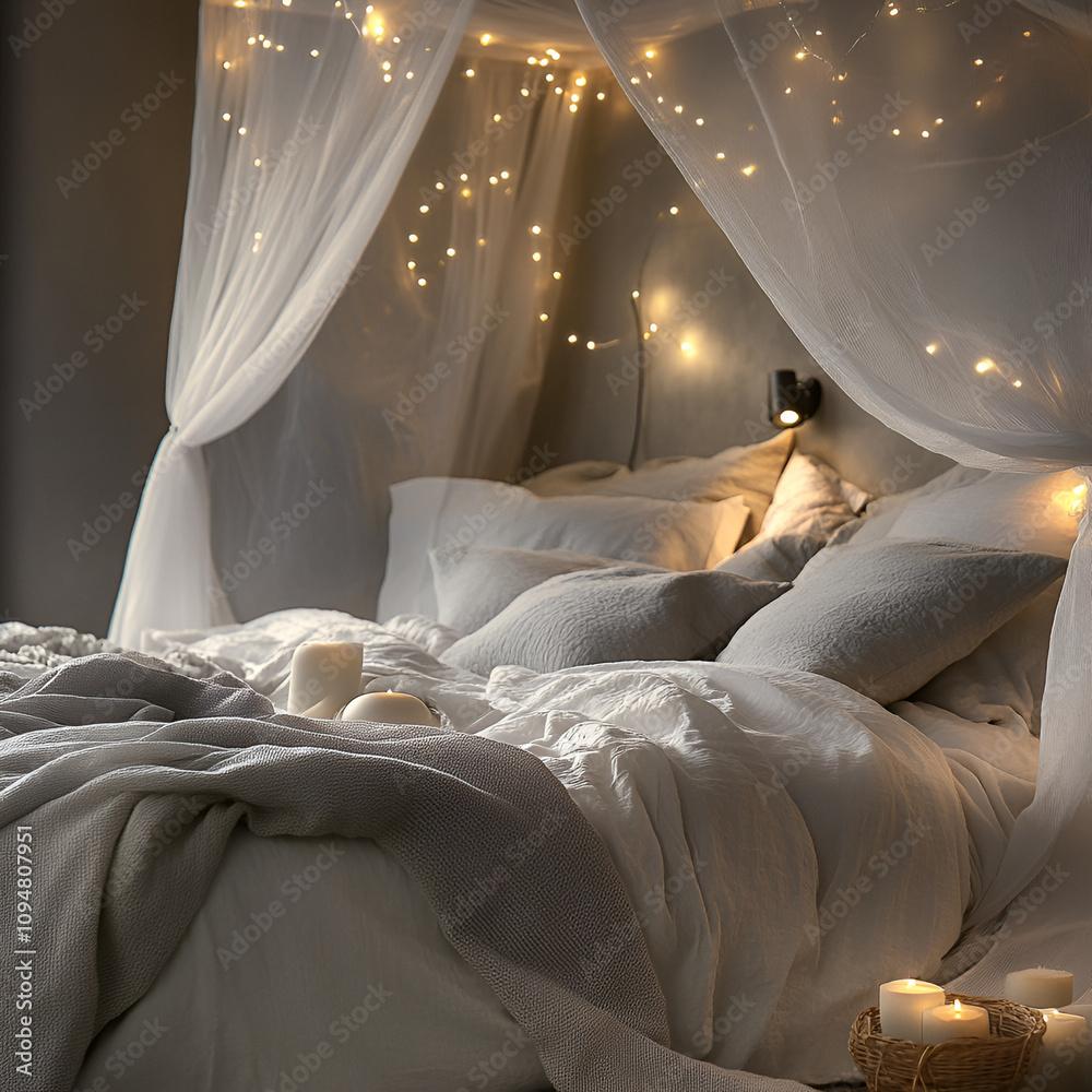 Cozy bedroom retreat at home soft textures and lights serenity environment intimate viewpoint relaxation concept for comfort Cozy bedroom retreat at home soft textures and lights serenity environment intimate viewpoint relaxation concept for comfort