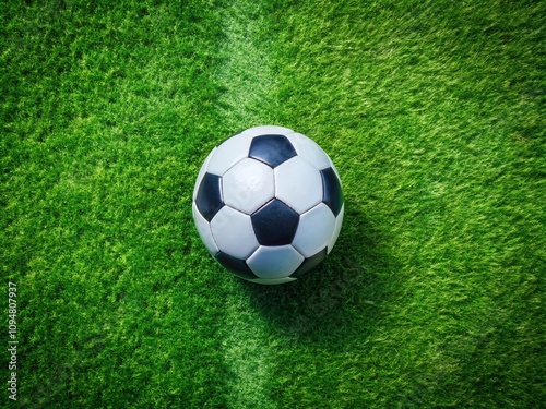 Aerial View of a Black and White Soccer Ball on a Grass Field, Capturing the Essence of Sports and Motion in a Minimalist Style for Dynamic Stock Photography