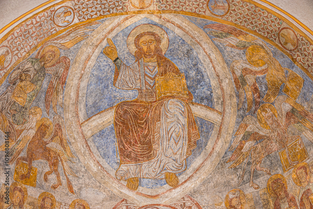 Romanesque fresco o f Christ in Majesty. Övraby church,