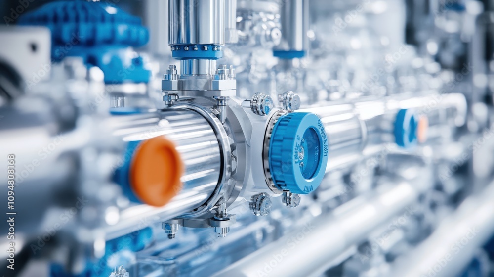 Detailed view of shiny industrial piping with valves and fittings in a manufacturing facility Detailed view of shiny industrial piping with valves and fittings in a manufacturing facility