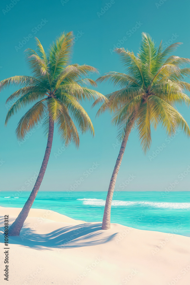 Two palm trees on a sandy beach next to the ocean Two palm trees on a sandy beach next to the ocean