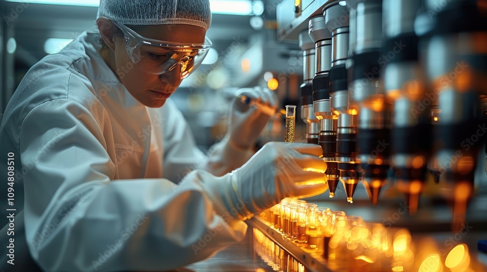 A robotic arm delicately holding a test tube, with a researcher in the background wearing safety goggles, showcasing precision and cooperation between humans and machines in a high-tech lab setting.
