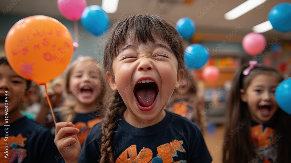 Excited children celebrating with balloons during a fun party in a colorful classroom setting Excited children celebrating with balloons during a fun party in a colorful classroom setting