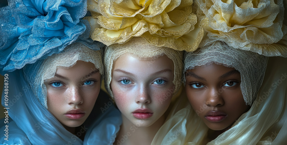 Obraz premium Three models with elaborate flower headpieces create a striking visual with their colorful textures against a soft backdrop