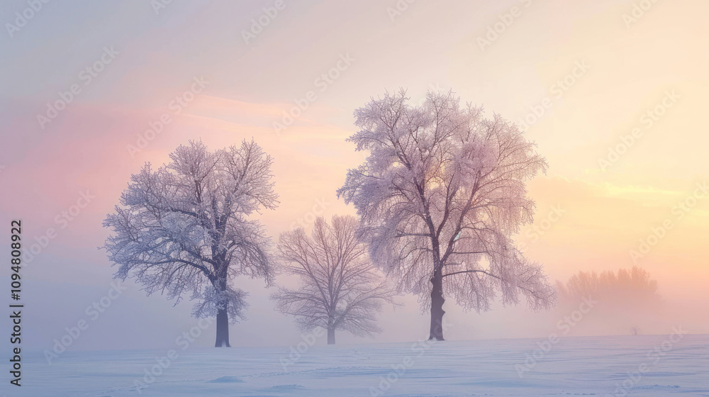 Bare, frosted trees silhouetted against a soft pastel sky at sunset, creating a peaceful winter scene Bare, frosted trees silhouetted against a soft pastel sky at sunset, creating a peaceful winter scene