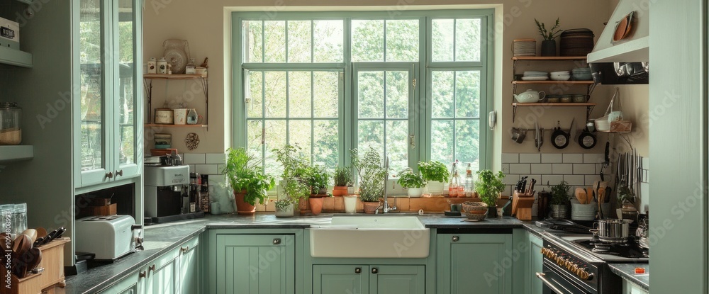 Sunny Kitchen With Green Cabinets And Abundant Plants Sunny Kitchen With Green Cabinets And Abundant Plants
