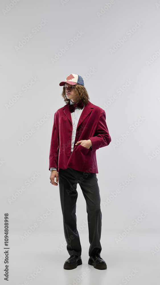 Full-length portrait of stylish young guy with silver rings, wearing red velvet blazer, bow tie and casual cap, posing against white studio background. Concept of fashion, youth culture, style, ad Full-length portrait of stylish young guy with silver rings, wearing red velvet blazer, bow tie and casual cap, posing against white studio background. Concept of fashion, youth culture, style, ad