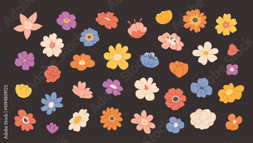 Flat hand drawn flowers. Botanical elements in pastel colors. Vector wildflowers