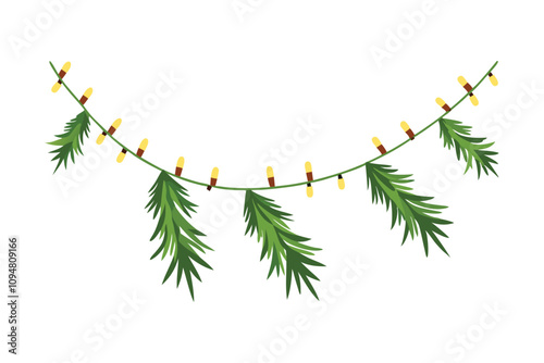 Seamless Christmas Border Vector - Festive Garland with Lights and Coniferous Branches for Elegant Holiday Decor photo