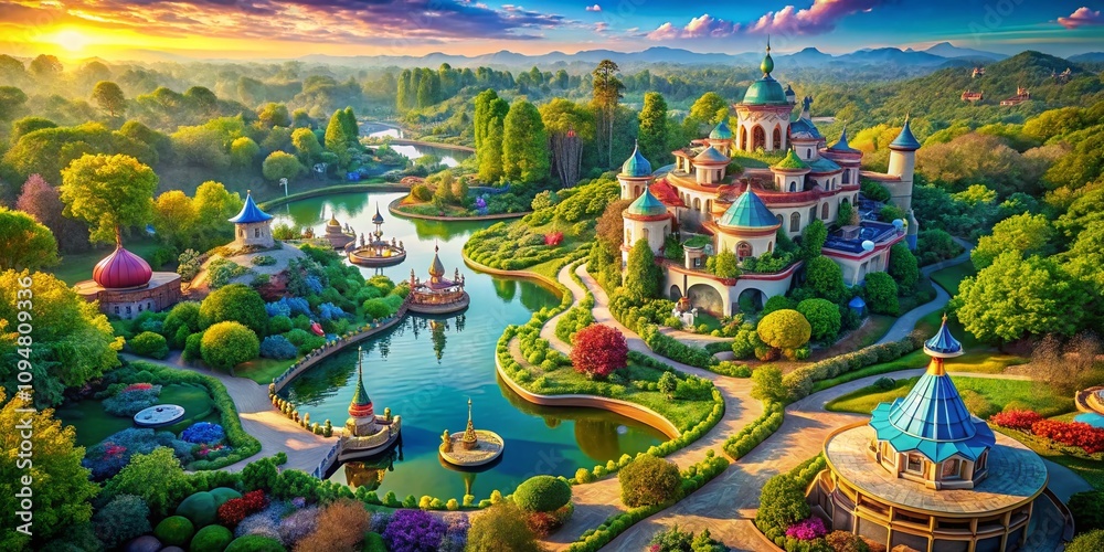Obraz premium Aerial View of a Colorful Fantasy Land Featuring Whimsical Architecture and Lush Landscapes, Perfect for Invoking Imagination and Adventure in a Vibrant Setting
