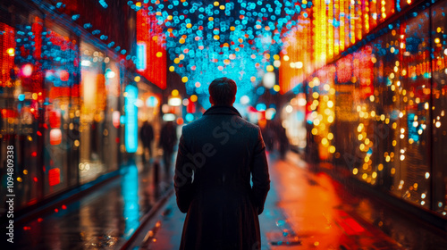 Colorful lights illuminate a city street in the evening as a silhouette of a person stands, appreciating the vibrant holiday decorations around them photo