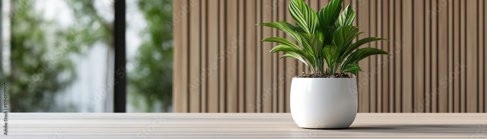 A simple white pot with a vibrant green plant sits on a wooden surface, creating a serene and modern interior ambiance with natural elements. A simple white pot with a vibrant green plant sits on a wooden surface, creating a serene and modern interior ambiance with natural elements.