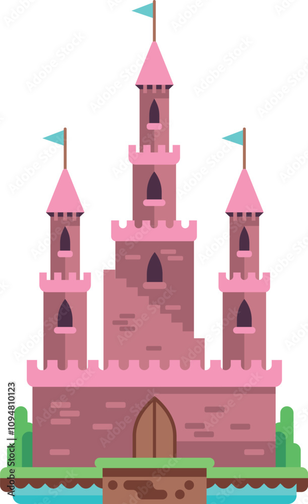 Fairytale castle flat icon. Pink stone building Fairytale castle flat icon. Pink stone building