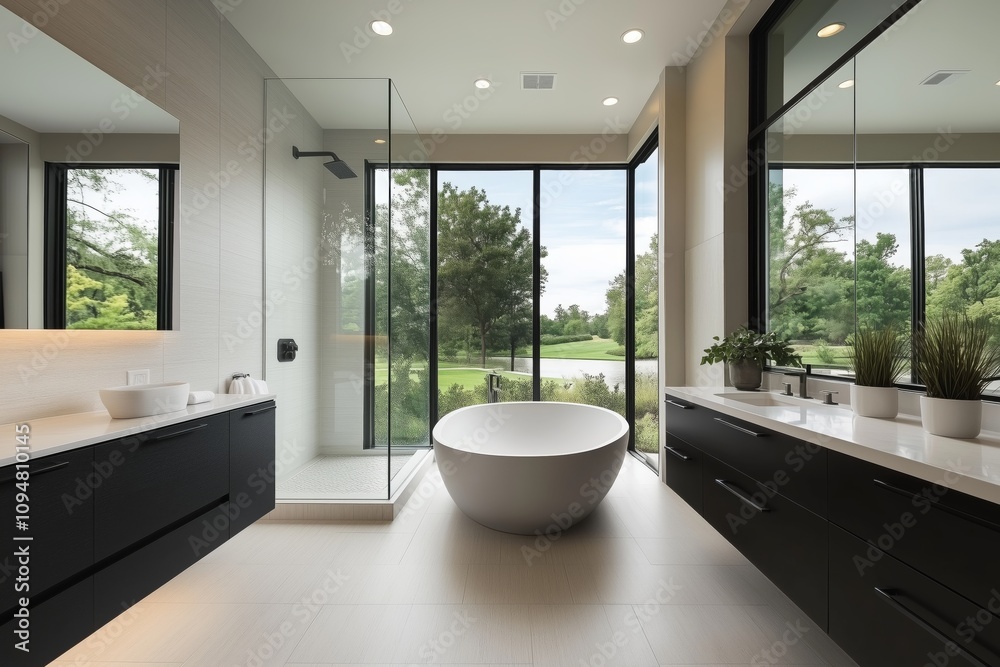 High-end modern bathroom featuring seamless glass walls, a floating vanity, matte black finishes, and a large soaking tub.