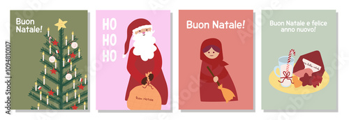 Italian Merry Christmas and Happy New Year greeting card Set with La Befana.