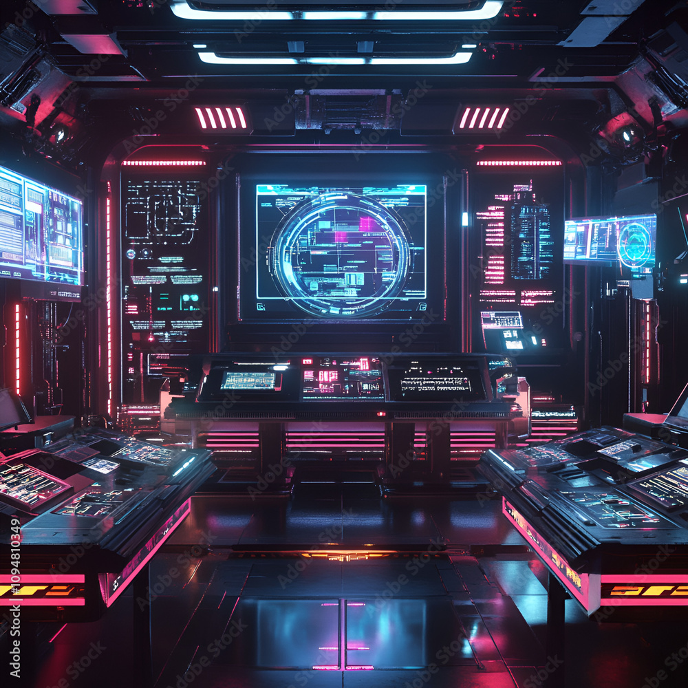 Futuristic control room operations sci-fi setting digital environment high-tech interface immersive experience modern concepts