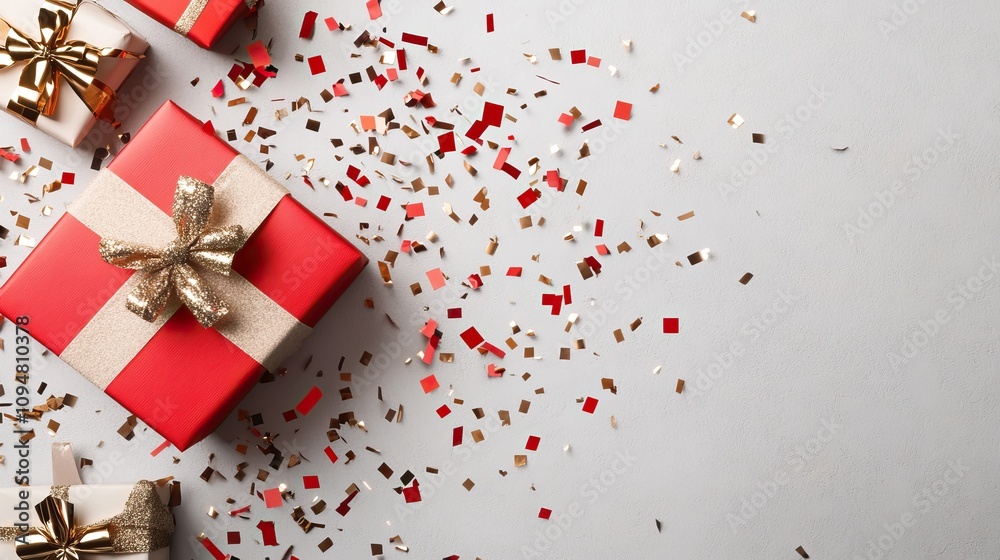 Brightly wrapped presents and shimmering ribbons emerge from an open red box amidst a backdrop of falling confetti, capturing the spirit of joy Brightly wrapped presents and shimmering ribbons emerge from an open red box amidst a backdrop of falling confetti, capturing the spirit of joy