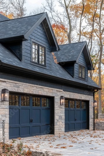 Luxurious New Construction Home with Two-Car Garage, Blue Siding, and Natural Stone Wall