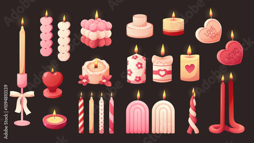 Set of romantic candles. Burning candles for couple, aroma candles. Vector drawing elements for Valentine's Day