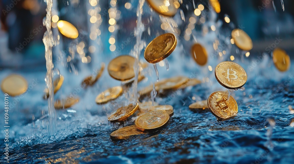 fountain of water turning into gold coins mid-air