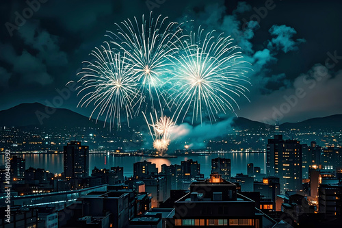 fireworks on a night sky over a city photo