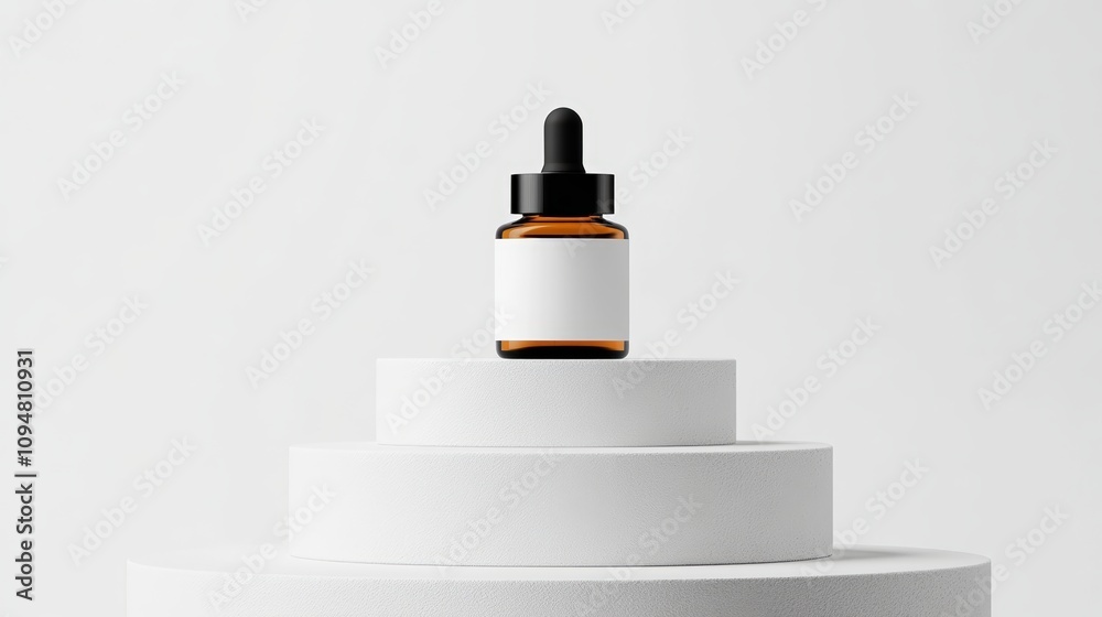 Simple display of a brown glass dropper on white pedestals in a clean setting Simple display of a brown glass dropper on white pedestals in a clean setting