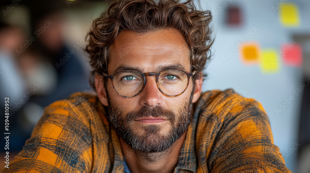 Fototapeta premium A man with curly hair and glasses sits confidently at a cafe, exuding warmth and charm amidst the lively atmosphere of afternoon socialization