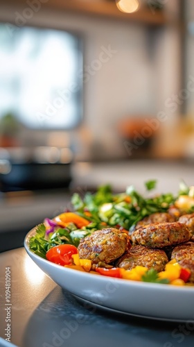 Close-up of llapingachos patties topped with sausage and a colorful salad photo